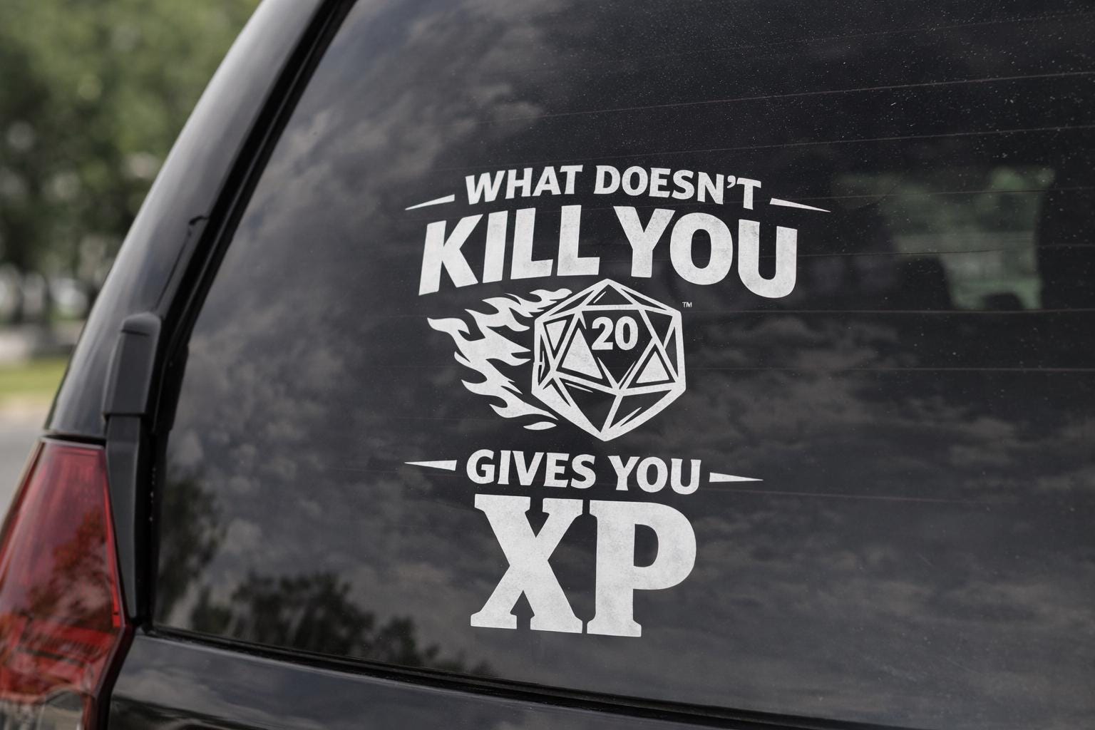 D20 XP Car Decal – Flaming Dice RPG Gamer Vinyl Sticker (Oracle 651)
