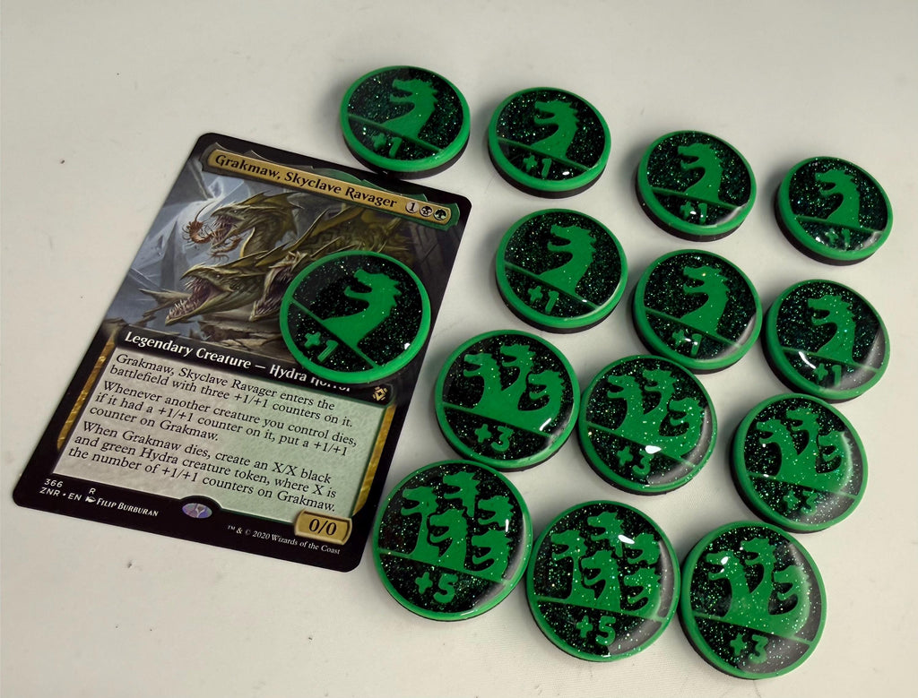 Magic the Gathering Hydra Counter Tokens | MTG Commander Counters | Green Glitter | Custom MTG Accessories