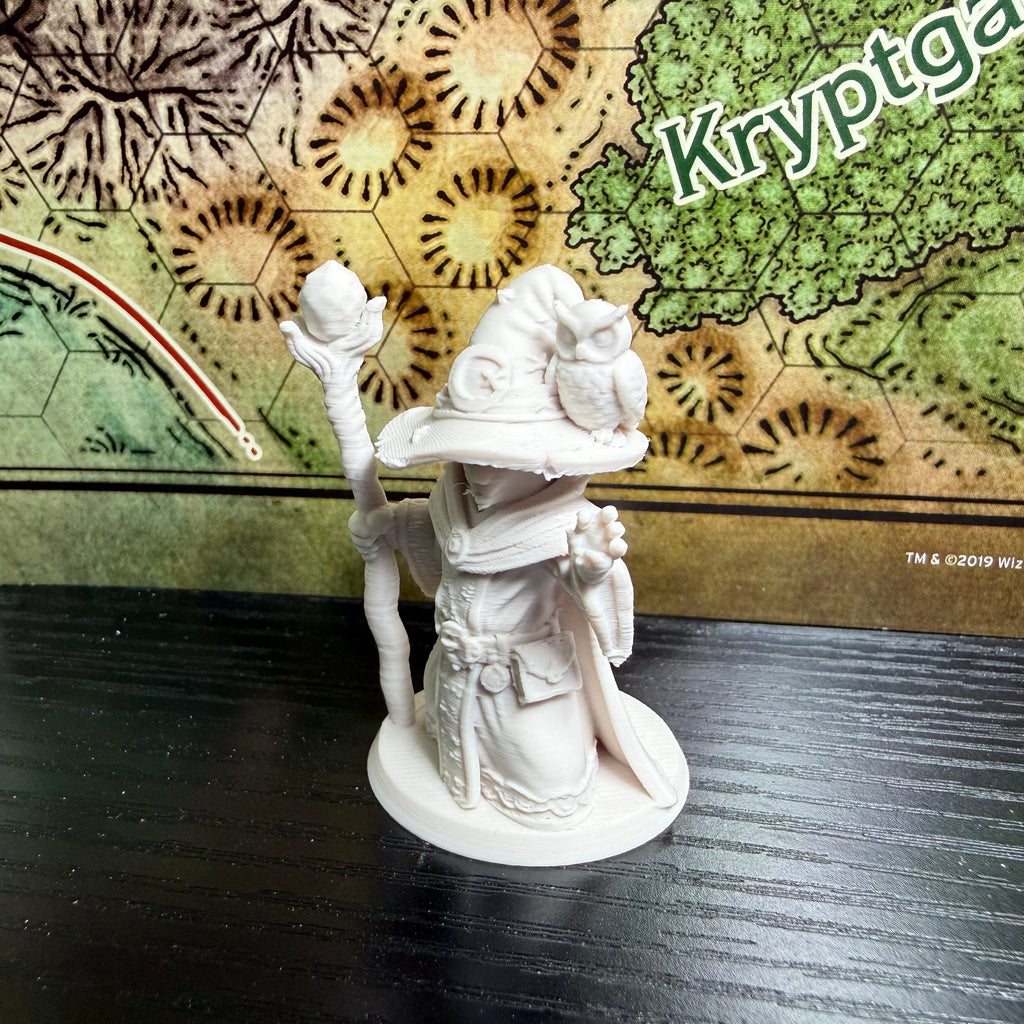 Cat Wizard Miniature | 2" Fantasy Cat Mage with Owl Familiar | D&D Catfolk Wizard | Tabletop RPG Miniature | Spellcaster Character Figure
