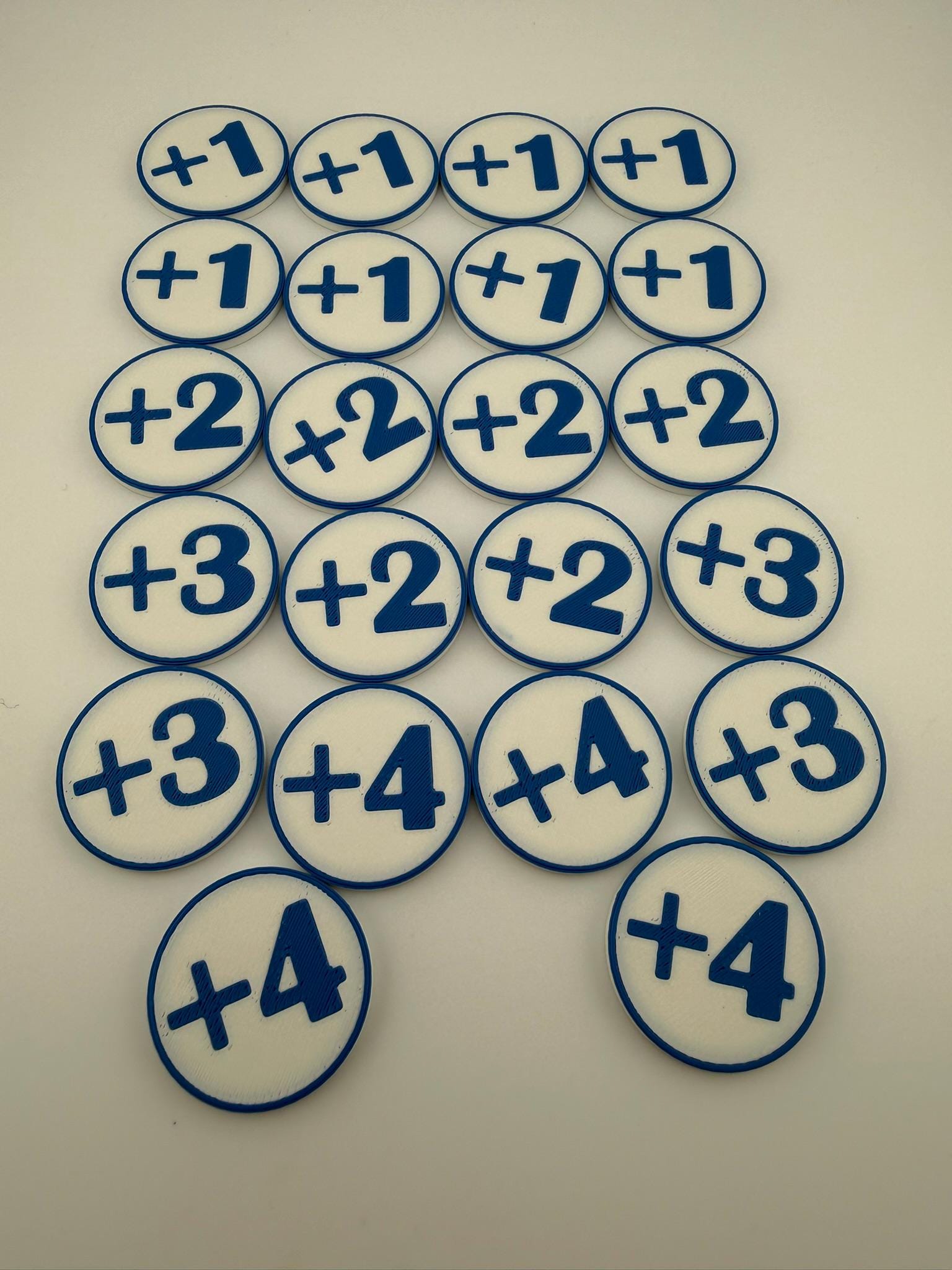 Four Inspired MTG Counters: +1/+1, +2/+2, +3/+3, +4/+4 Blue White Tokens