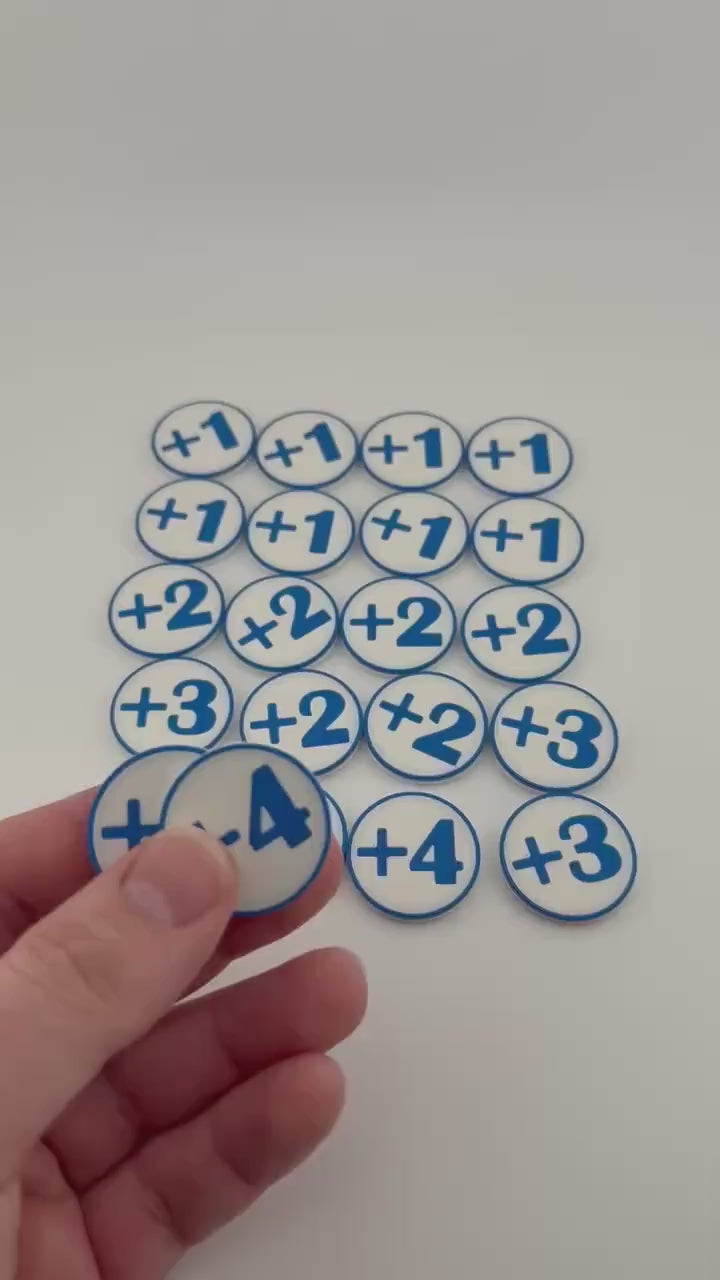 Four Inspired MTG Counters: +1/+1, +2/+2, +3/+3, +4/+4 Blue White Tokens